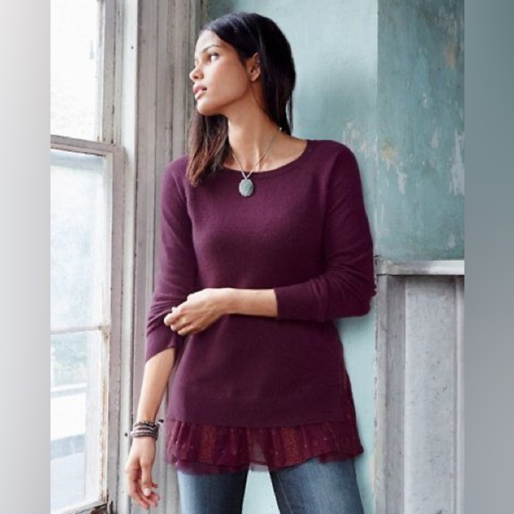 Garnet Hill Shirttail Cashmere Sweater with sheer lace hem